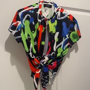 AKIRA Black Button-Front Shirt with Neon Graffiti Print